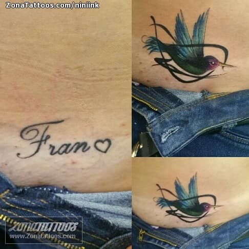 Tatuaje con el nombre Fran cubierto con otro tatuaje de un pájaro