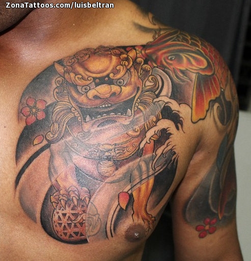 Tatuaje de Leones De Fu, Pecho, Orientales