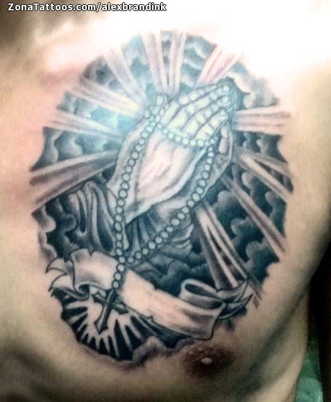 Black and grey style praying hands on the chest