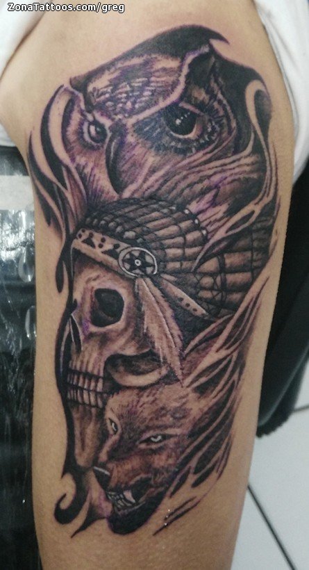Tatuaje de Búhos, Calaveras, Indios