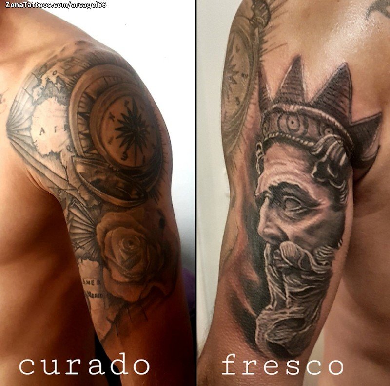 Watercolor Sea God With Skull Tattoo On Man Right Half Sleeve