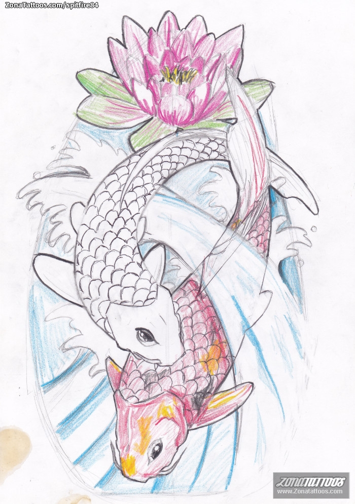 Tattoo flash photo Koi, Lotus, Animals