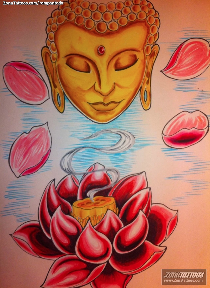 Tattoo flash photo Buddha, Lotus, Flowers