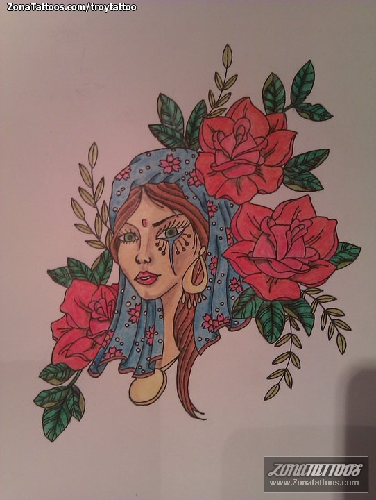 Tattoo flash photo Roses, Gipsies, Flowers