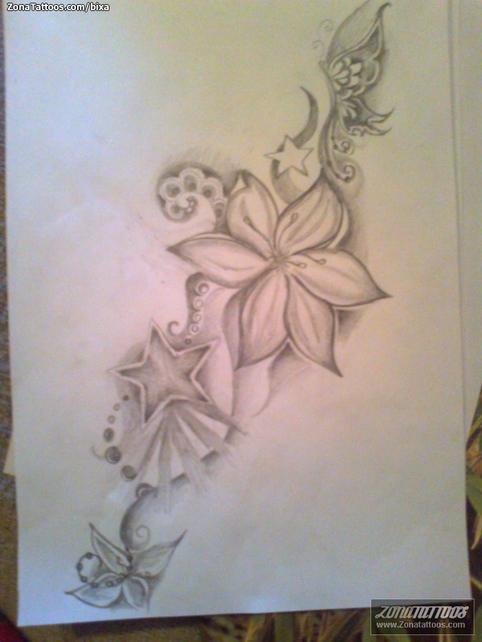 Tattoo flash photo Flowers, Stars