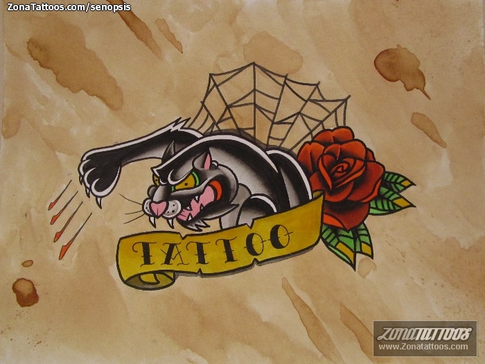 Tattoo flash photo Panthers, Roses, Old School