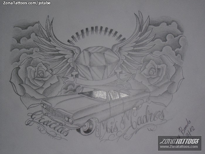 Tattoo flash photo Diamods, Wings, Roses