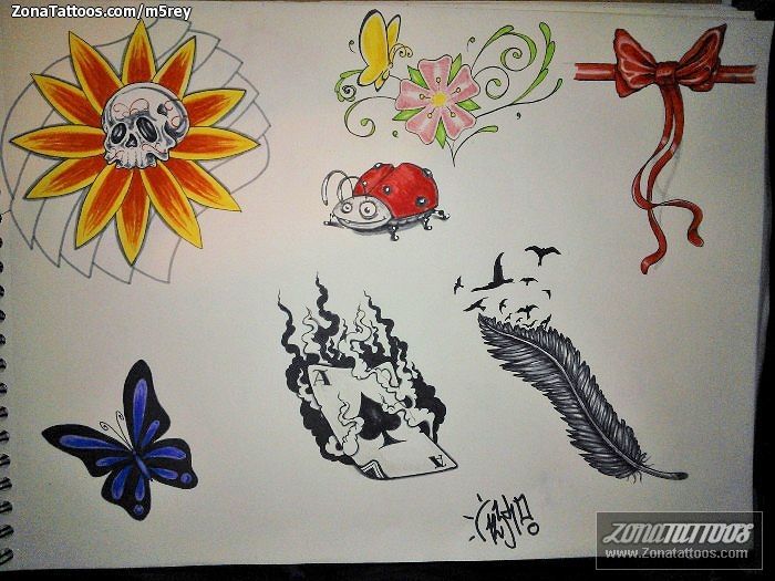 Tattoo flash photo Feathers, Ribbons, Cards