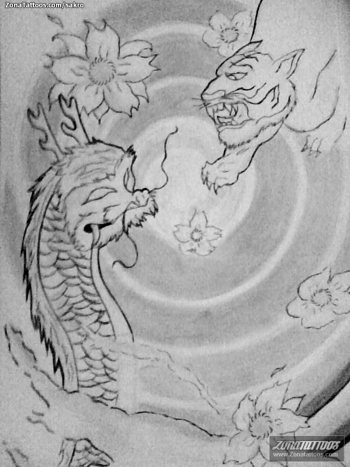 Tattoo flash photo Dragons, Tigers, Asian