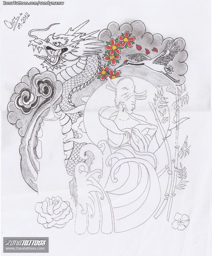 Tattoo flash photo Dragons, Flowers, Cranes