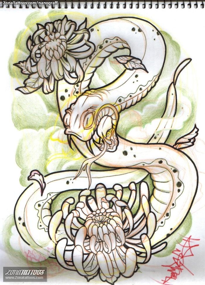 Tattoo flash photo Snakes, Animals, Lotus