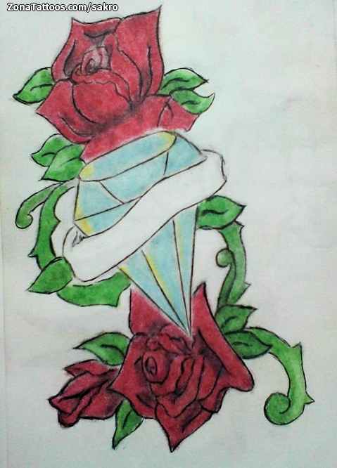 Tattoo flash photo Roses, Diamods, Flowers