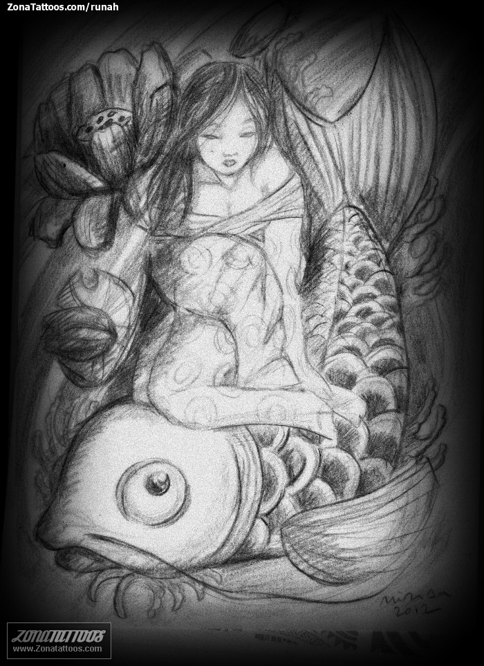 Tattoo flash photo Geisha, Lotus, Asian