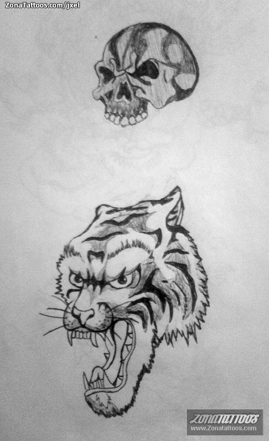 Tattoo flash photo Skulls, Animals, Tigers