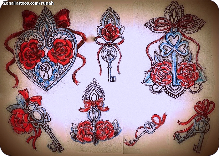 Tattoo flash photo Keys, Flowers, Ribbons