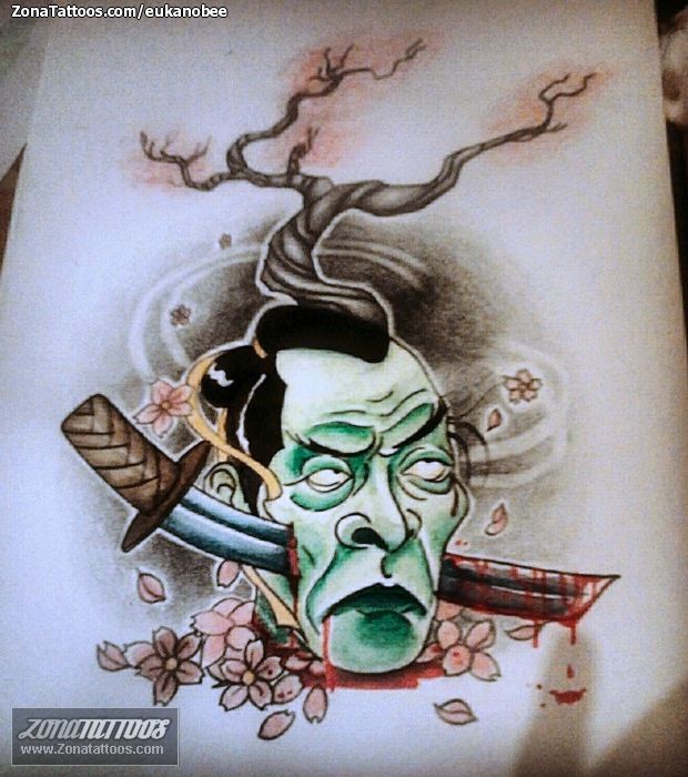 Tattoo flash photo Samurai, Trees, Cherry blossoms