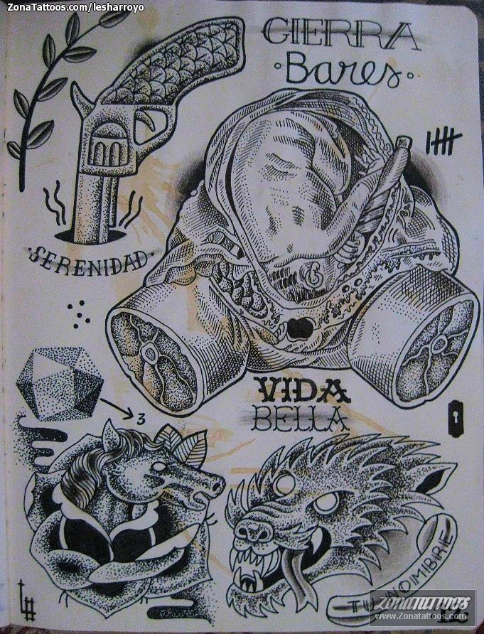 Tattoo flash photo Masks, Weapons, Old School