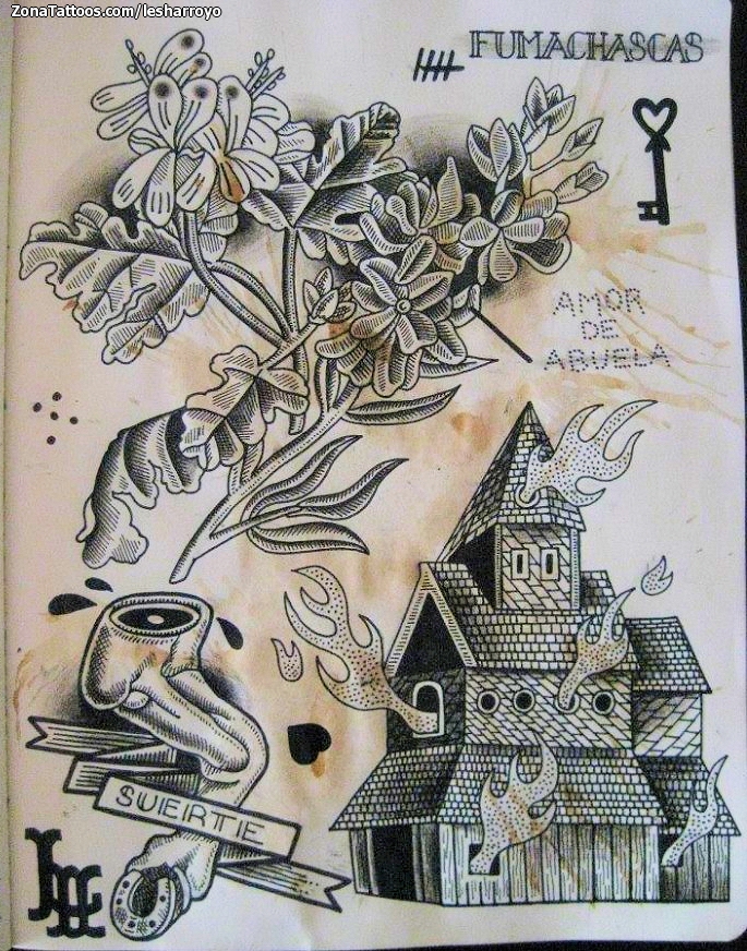 Tattoo flash photo Flowers, Buildings, Old School