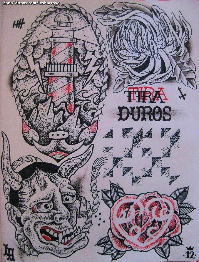 Tattoo flash photo Old School, Lighthouses, Flowers