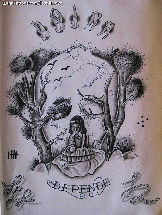 Tattoo flash photo Skulls, Trees