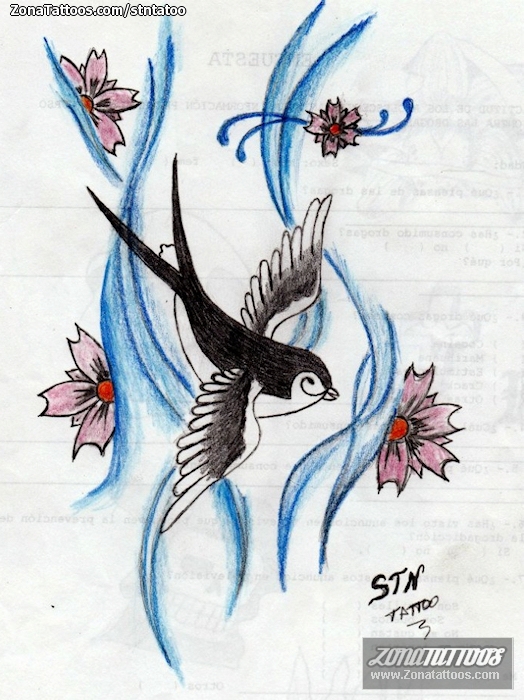 Tattoo flash photo Birds, Swallows, Flowers