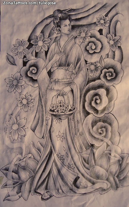 Tattoo flash photo Flowers, Geisha, Asian