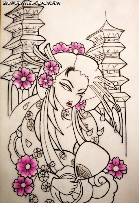 Tattoo flash photo Pagoda, Asian, Geisha