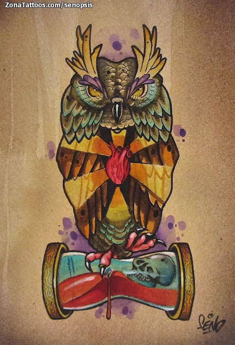 Tattoo flash photo Owls, Animals, Clocks