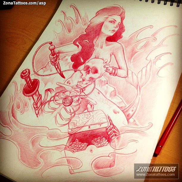 Tattoo flash photo Sirens, Fantasy, Skeletons