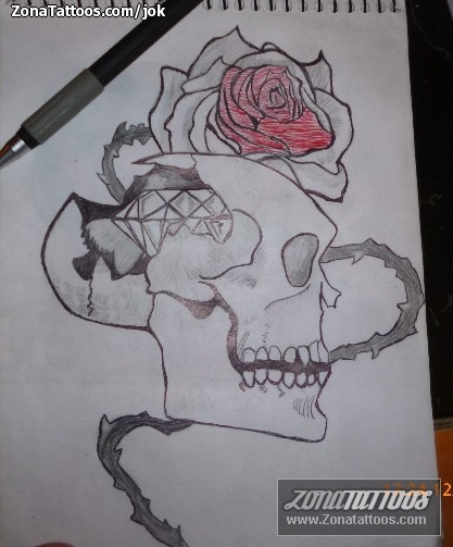 Tattoo flash photo Skulls, Roses, Thorns