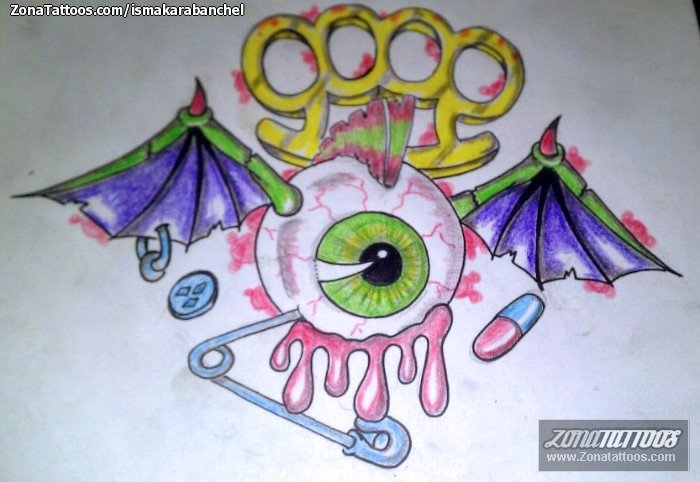 Tattoo flash photo Eyes, Brass Knuckles, Wings