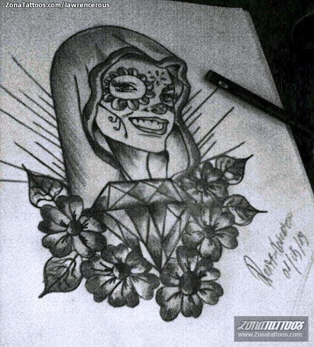 Tattoo flash photo Catrina, Flowers, Diamods