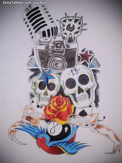 Tattoo flash photo Skulls, Swallows, Roses