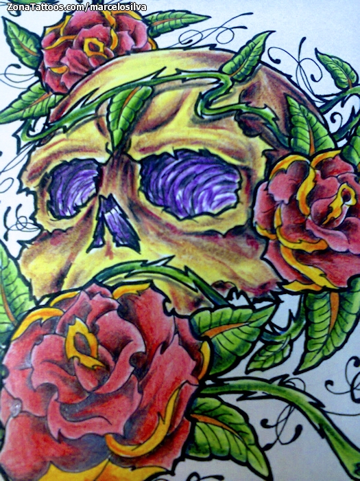 Tattoo flash photo Roses, Skulls, Flowers