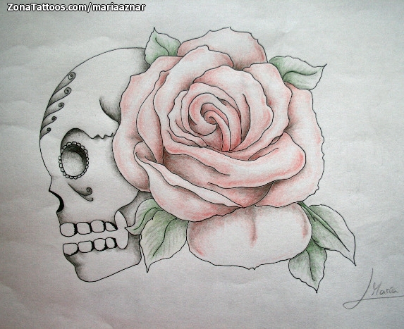 Tattoo flash photo Flowers, Skulls, Roses