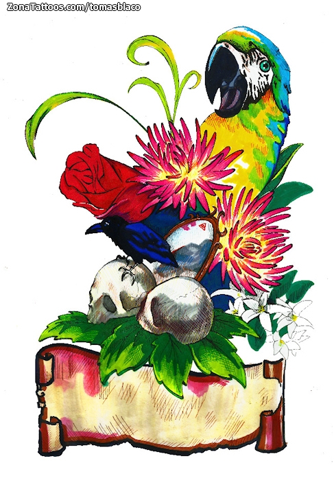 Tattoo flash photo Parrots, Flowers, Skulls