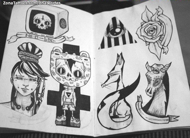 Tattoo flash photo Eyes, Roses, Animals