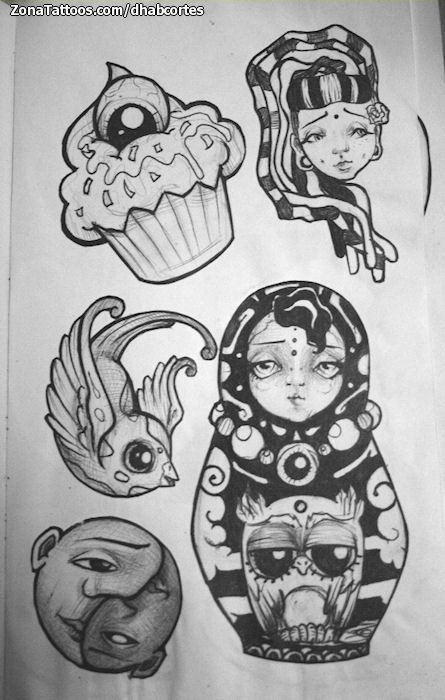 Tattoo flash photo Animals, Swallows, Cakes