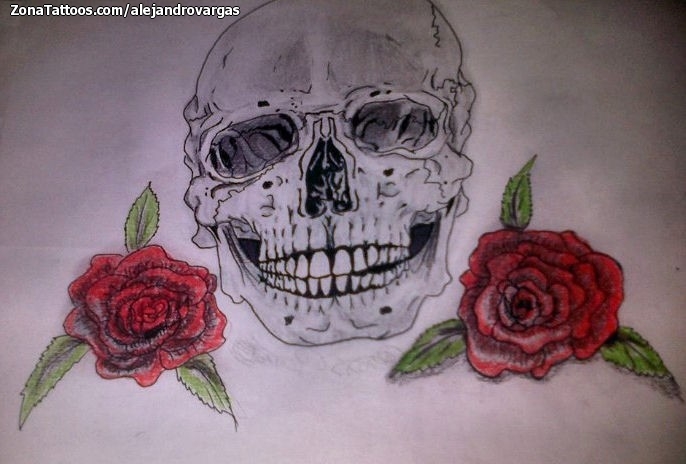 Tattoo flash photo Skulls, Roses, Flowers