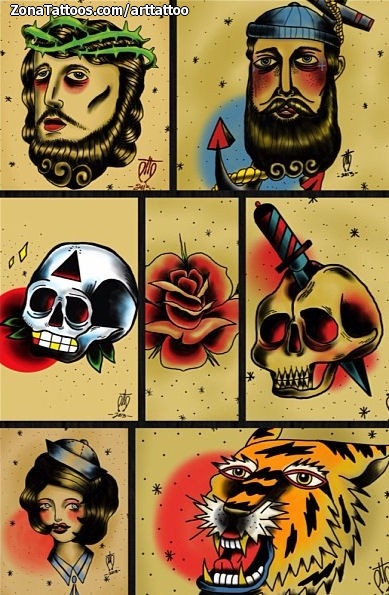 Tattoo flash photo Old School, Roses, Tigers