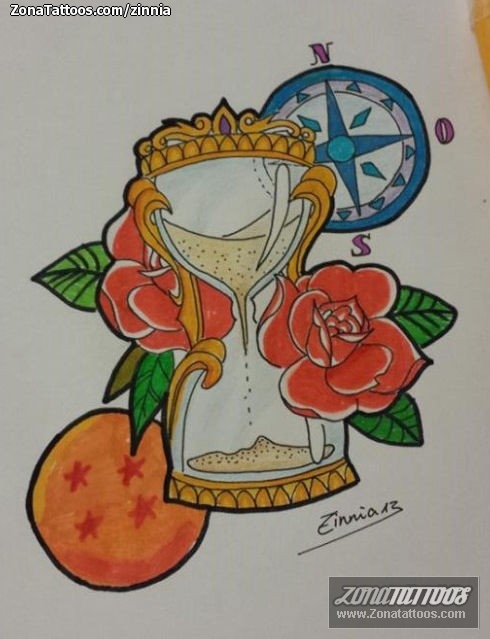 Tattoo flash photo Clocks, Roses, Flowers