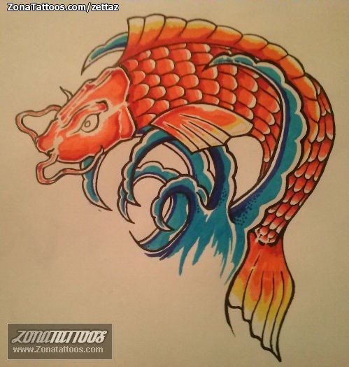 Tattoo flash photo Koi, Waves, Fish