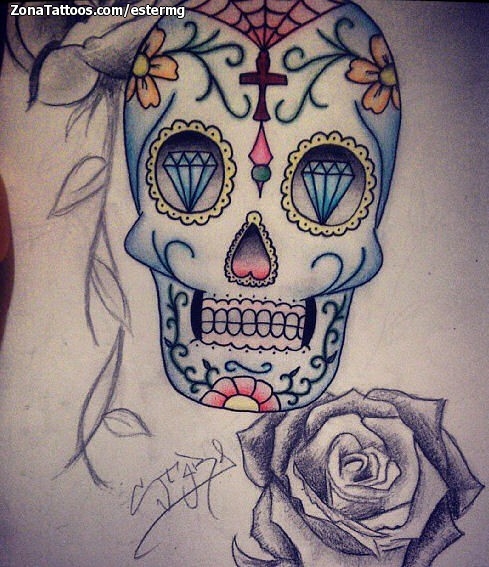 Tattoo flash photo Sugar Skull, Skulls, Roses