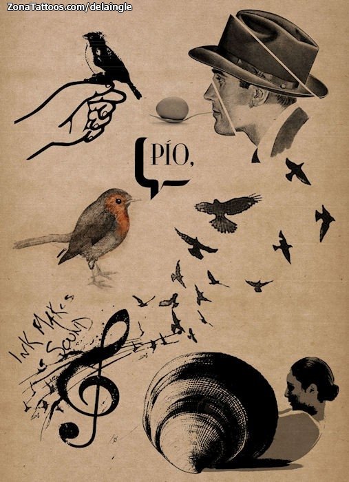 Tattoo flash photo Birds, Musical notes, Animals