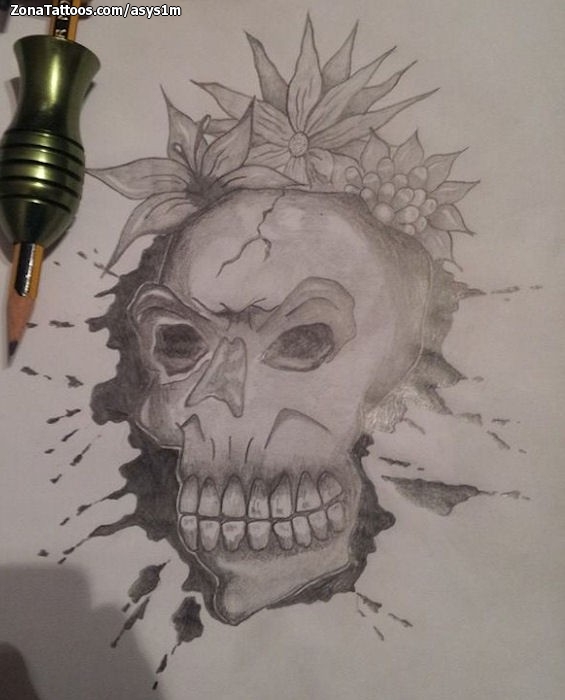 Tattoo flash photo Skulls, Flowers