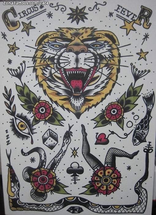 Tattoo flash photo Tigers, Flowers, Old School