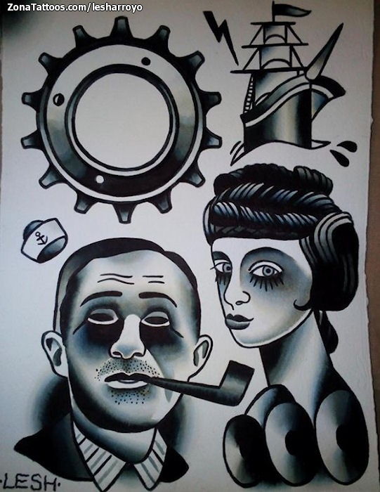 Tattoo flash photo Faces, Gipsies, Old School