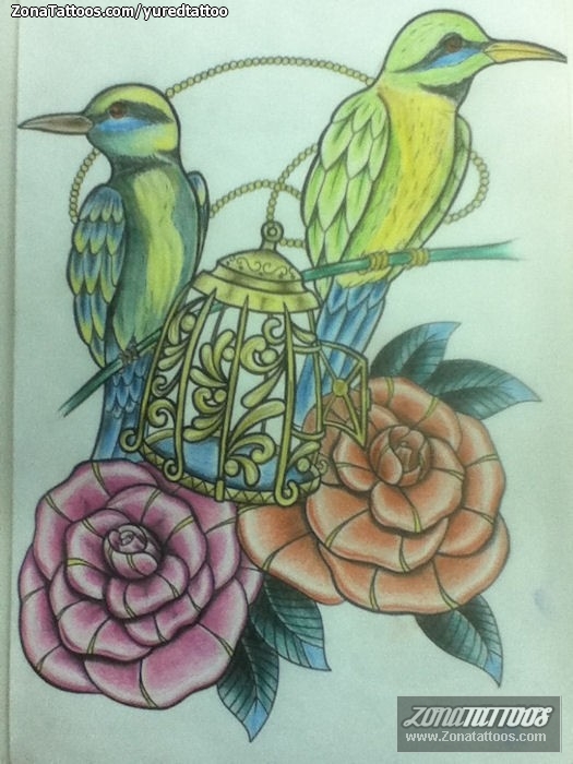 Tattoo flash photo Birds, Roses, Cages