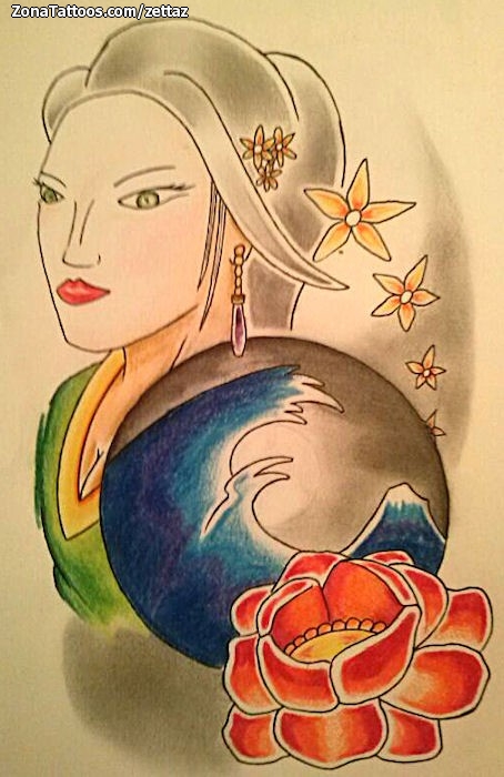 Tattoo flash photo Geisha, Lotus, Waves