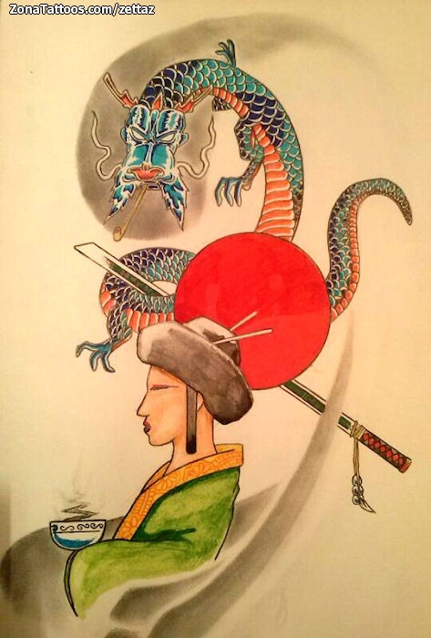 Tattoo flash photo Dragons, Asian, Geisha